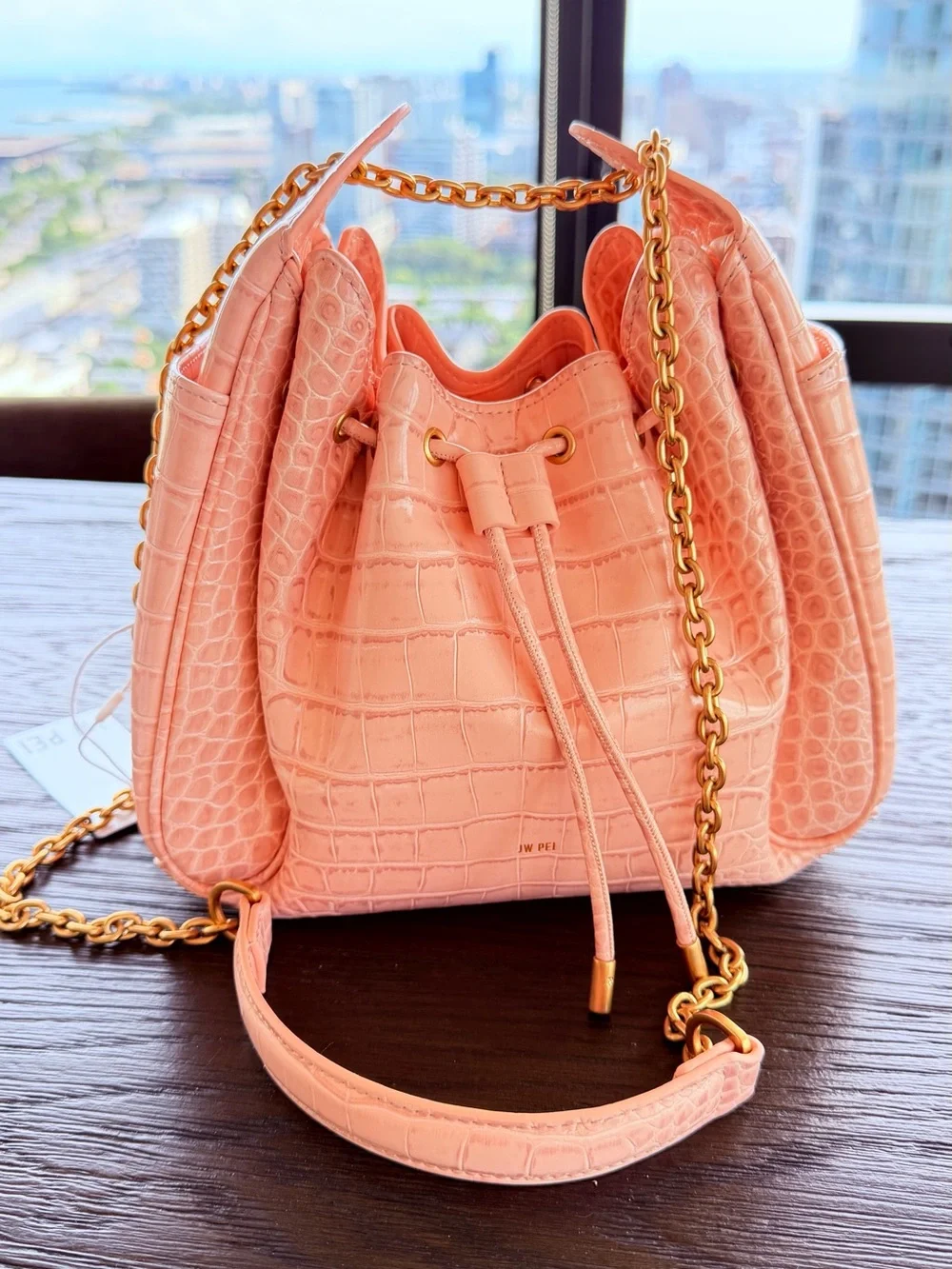 JW PEI Pink Croc Rowan Ruched Drawstring Chain Bucket Bag